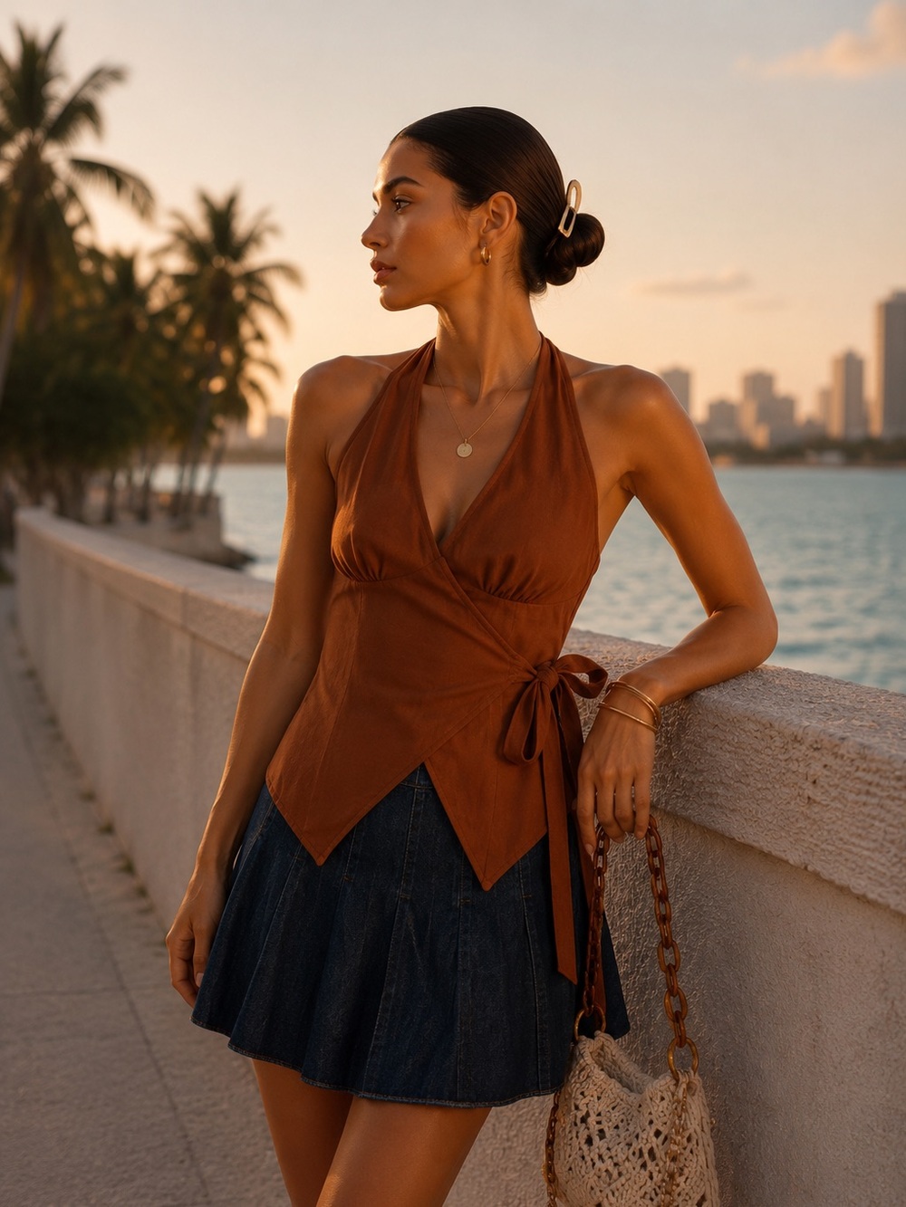 Rust-Brown Wrap Halter Top - Picture 2 of 11